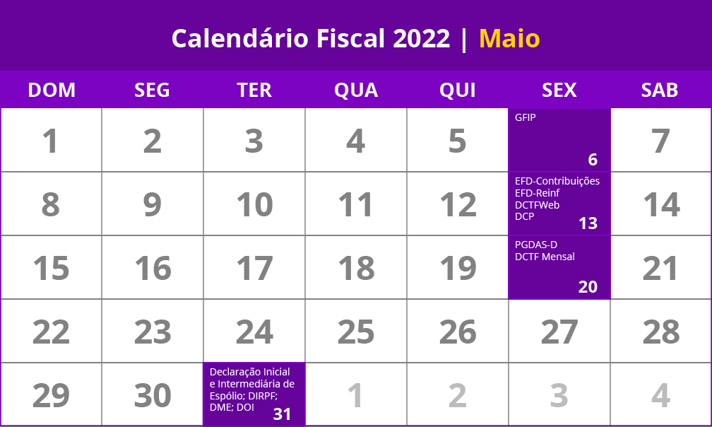 calendário fiscal maio de 2022