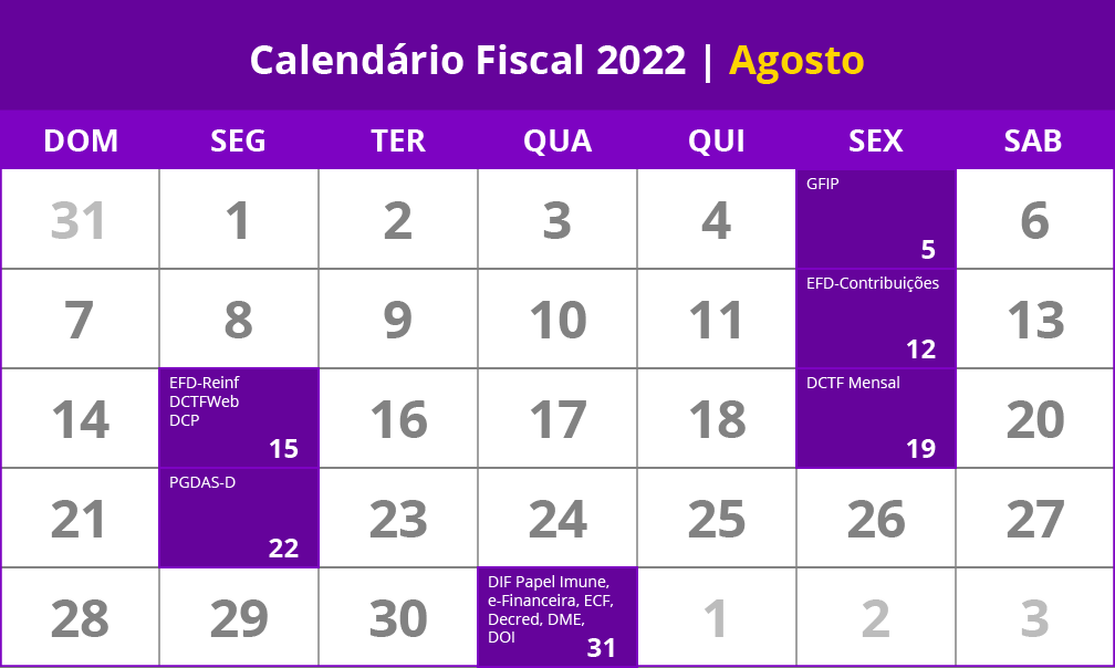 calendário fiscal agosto de 2022