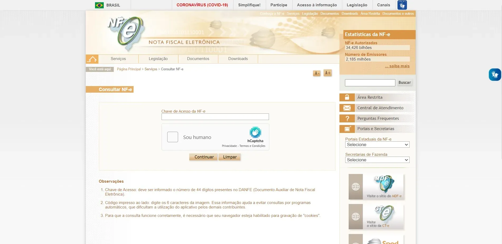 Portal da Nota Fiscal eletrônica, onde pode ser gerado o DANFE