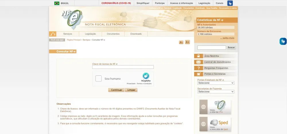Tela do Portal Nacional da NFe para captura de XML