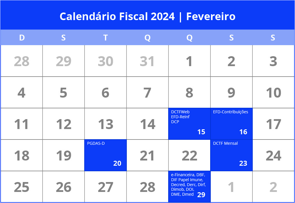 Calendário Fiscal fevereiro de 2024